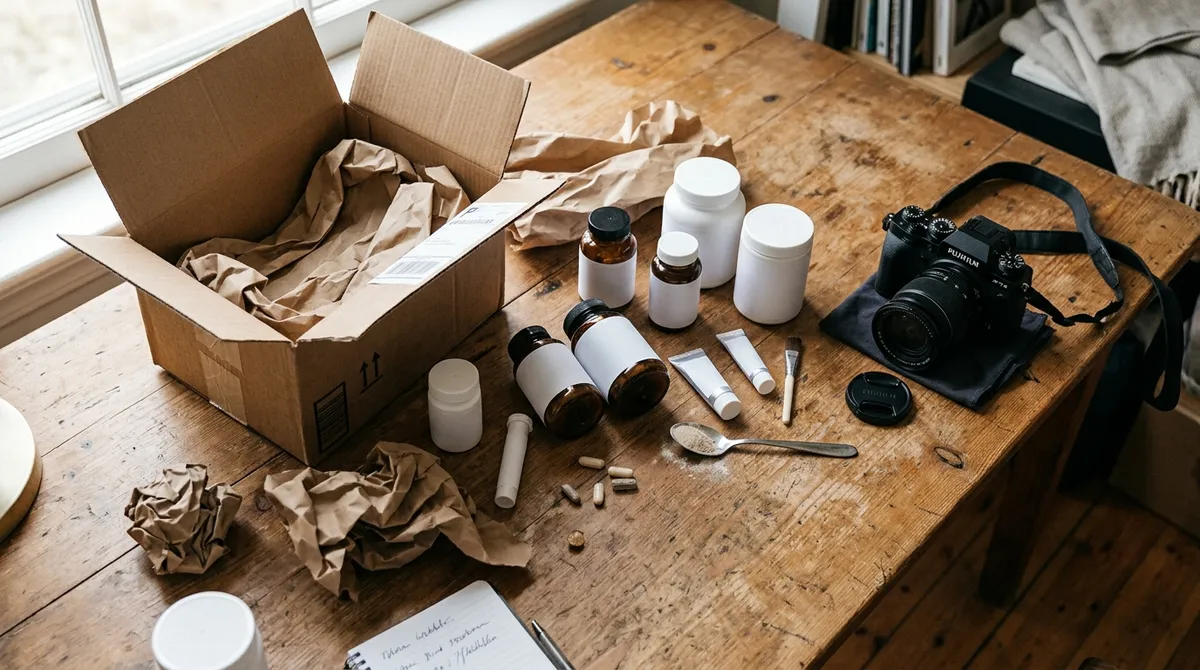 Rozbalené produkty doplnkov stravy rozložené na stole vedľa fotoaparátu pripravené na fotenie