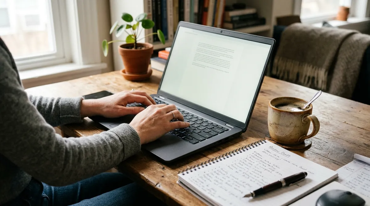 Notebook na stole, otvorený dokument s rozpísanou recenziou a poznámkami vedľa hrnčeka