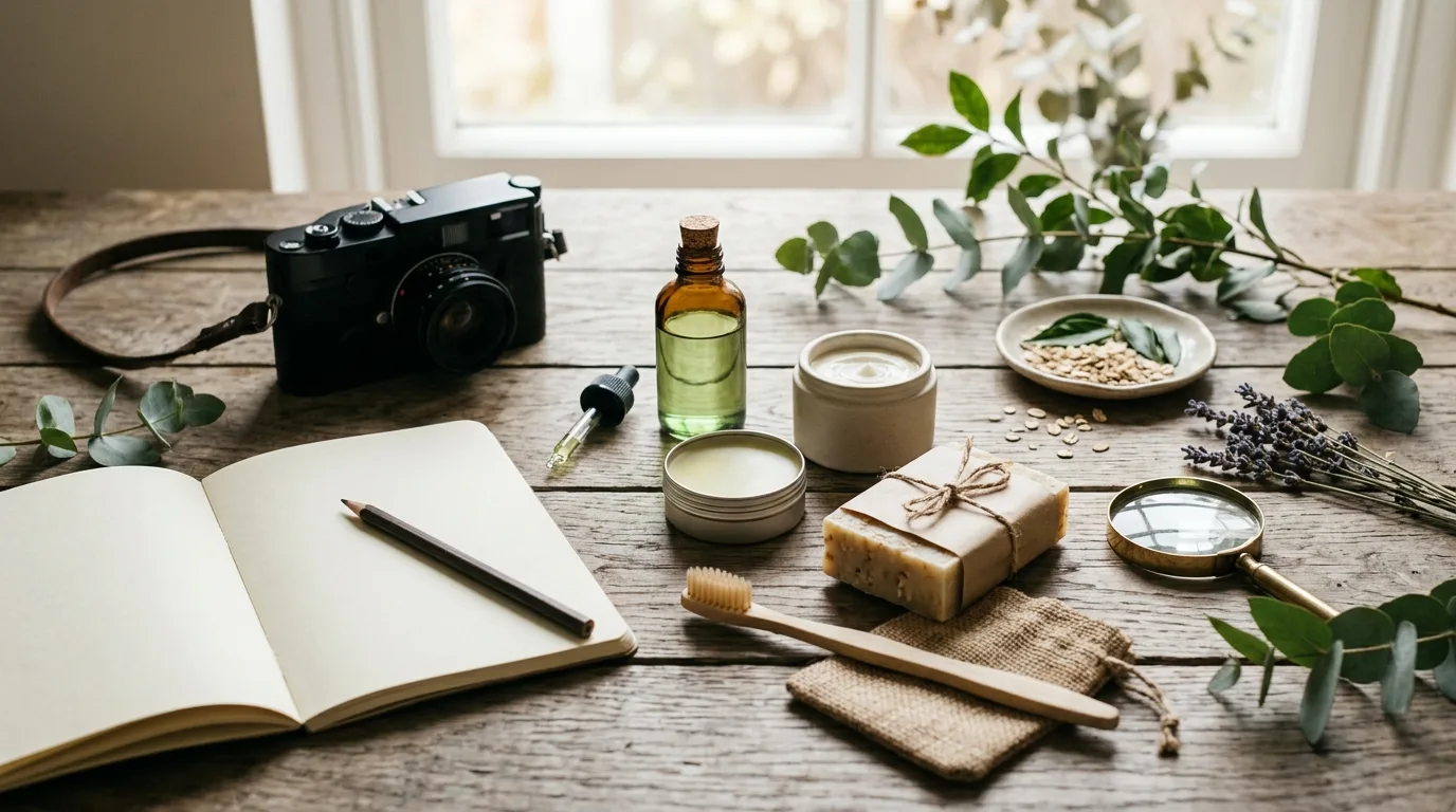 Pracovný stôl s rozbalenými produktmi, fotoaparátom a notebookom pripravený na testovanie