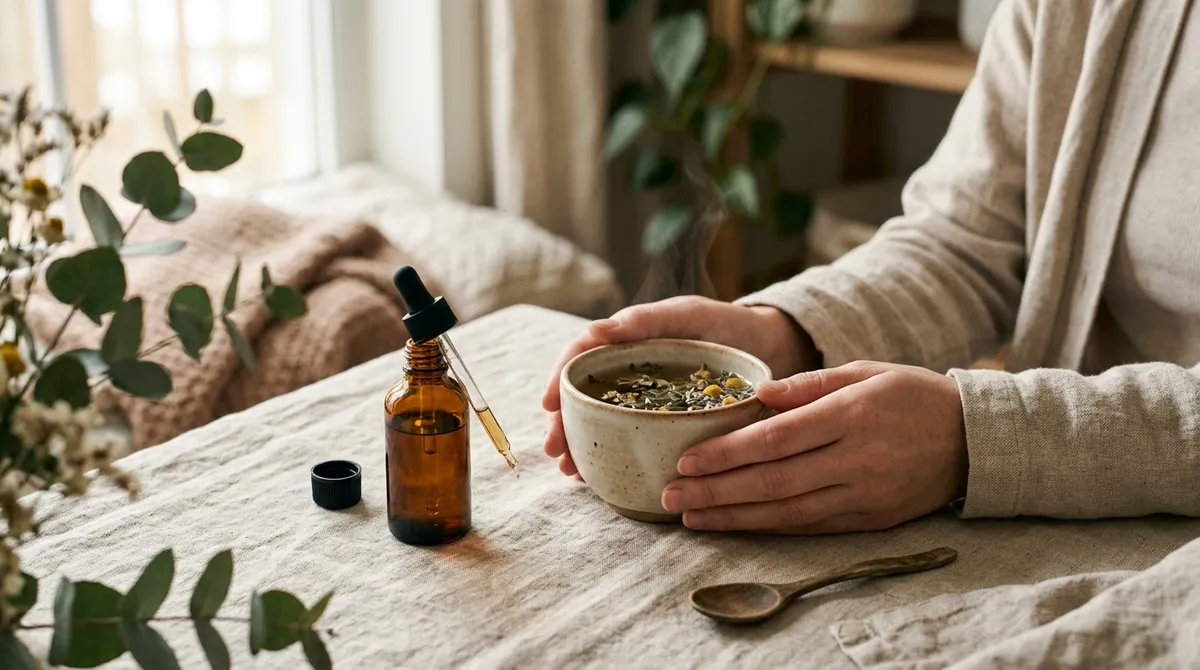 Pokojná wellness scéna so šálkou čaju a fľaštičkou CBD oleja v mäkkom rannom svetle