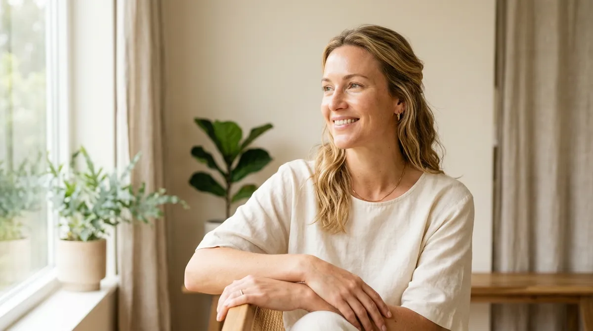 Zdravá pleť ženy v strednom veku v mäkkom prirodzenom svetle, wellness atmosféra