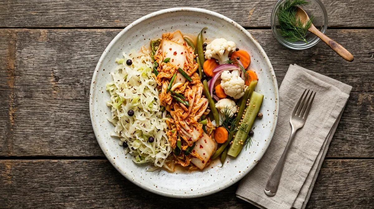 Tanier kyslej kapusty, kimchi a kvasenej zeleniny