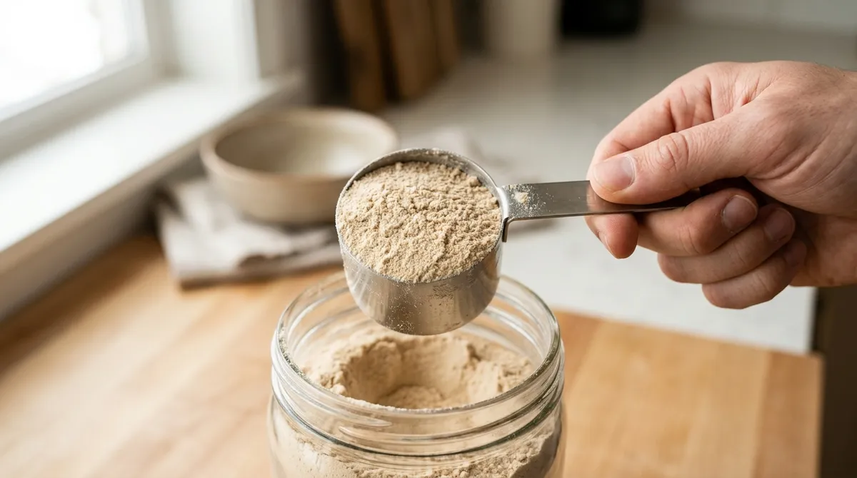 Odmerka s béžovým proteínovým práškom nad otvorenou dózou