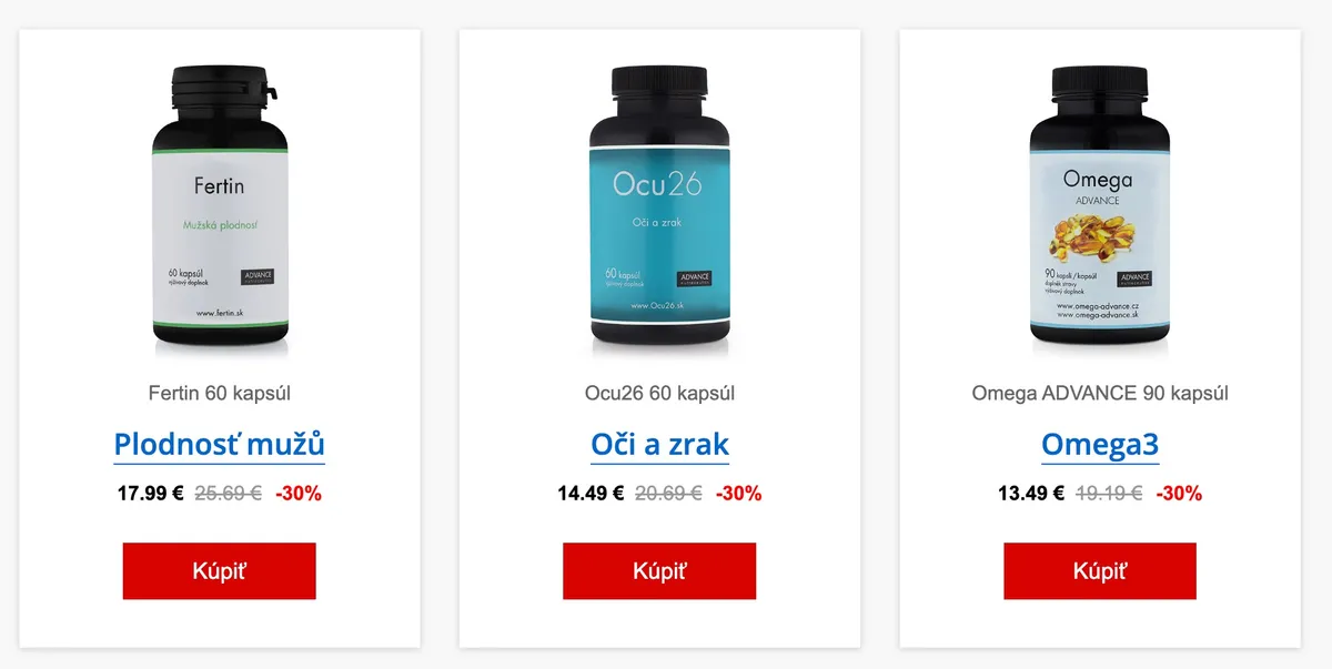 Úvodná stránka e-shopu ADVANCE Nutraceutics s prehľadom produktov