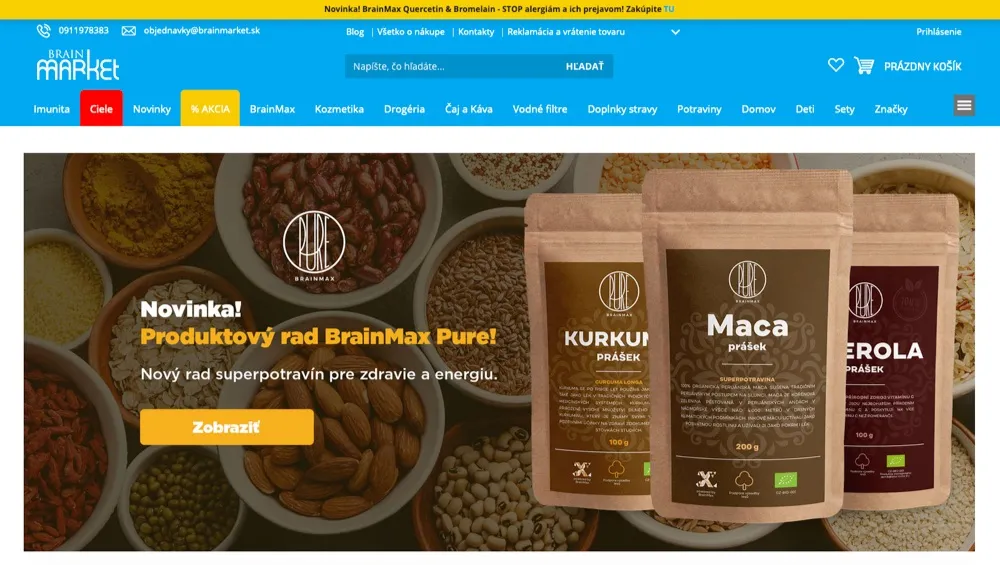 Úvodná stránka e-shopu BrainMarket s prehľadným menu doplnkov stravy