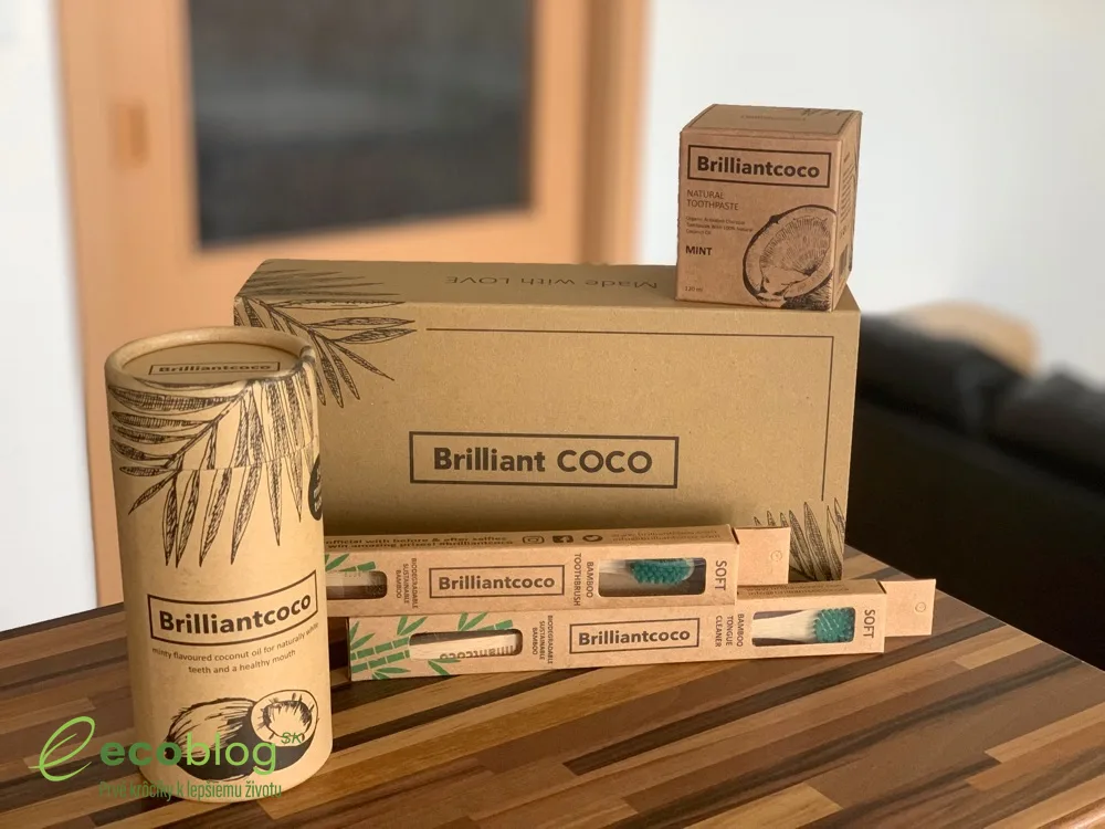 Brilliantcoco set na zdravé zuby: oil pulling kurz, prírodná pasta, bambusová kefka a čistič jazyka