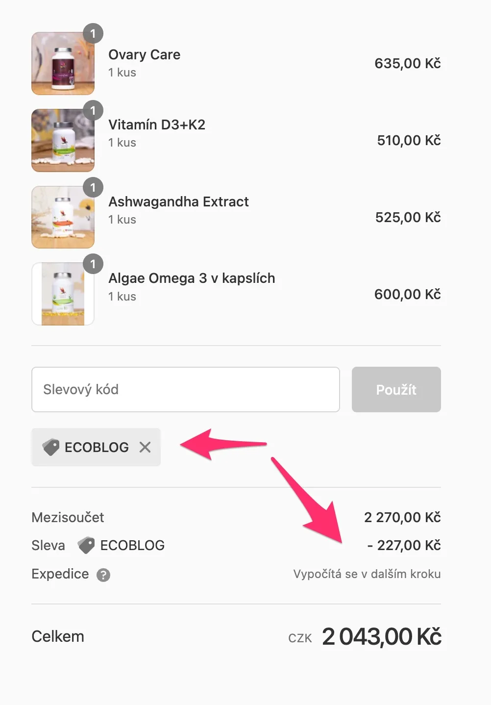 Košík e-shopu Carnium Botanicals s aplikovaným zľavovým kódom ECOBLOG