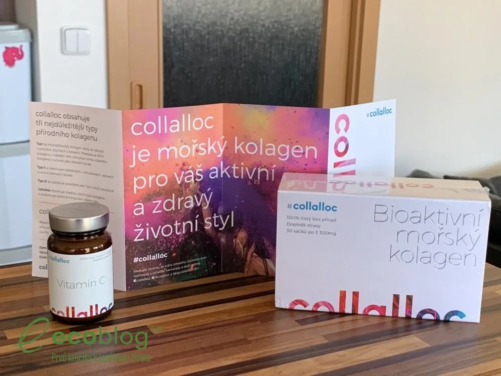 Collalloc morský kolagén: balenie s 30 vrecúškami a pohár s rozmiešaným kolagénom