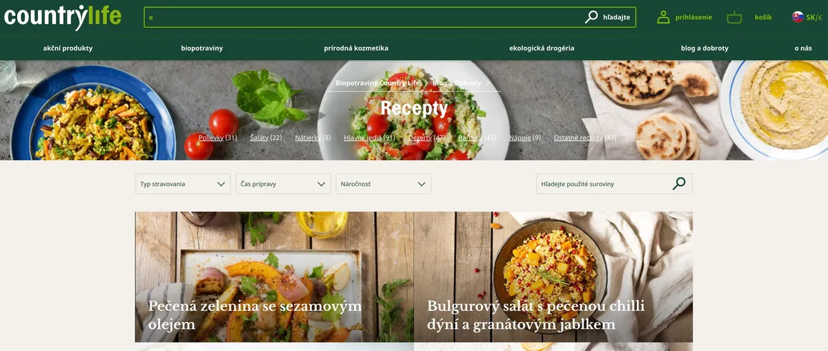 Sekcia receptov na webe Country Life s fotografiami bio jedál