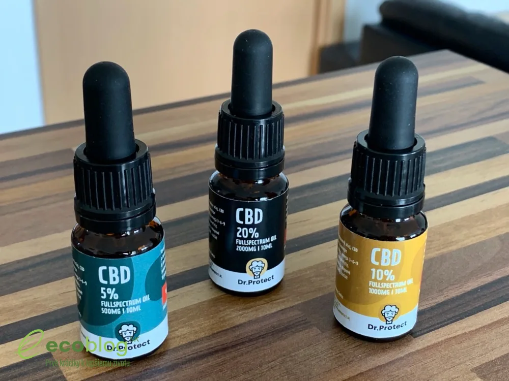Dr. Protect CBD oleje 20, 10 a 5 percent, balenie a fľaštičky pri teste