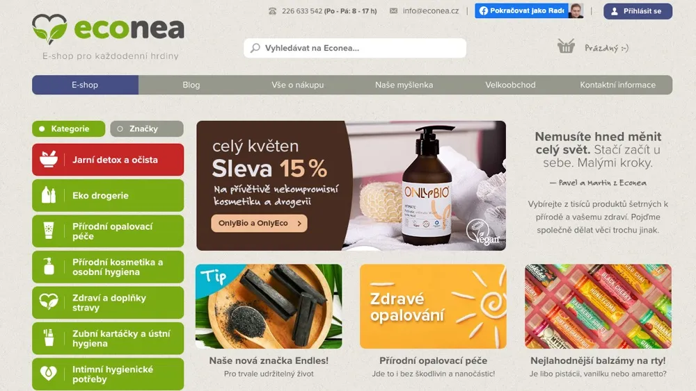 Hlavná stránka eko e-shopu Econea so sortimentom pre domácnosť