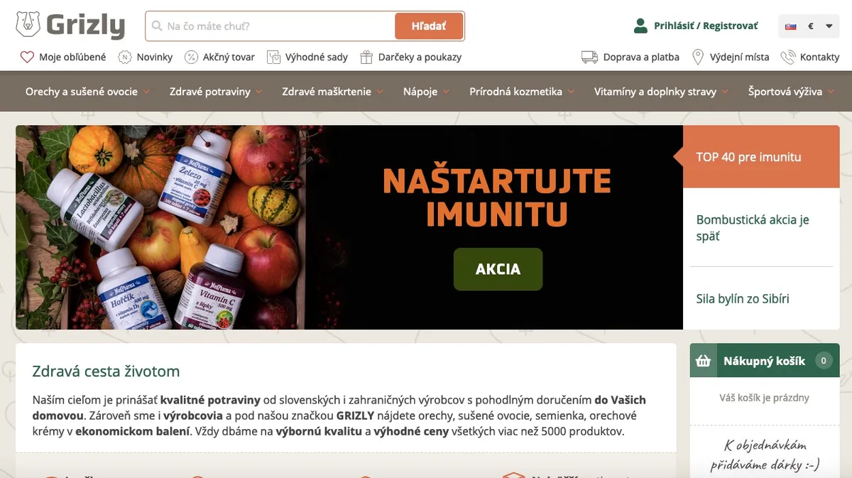 Hlavná strana e-shopu Grizly.sk s prehľadnou ponukou orechov