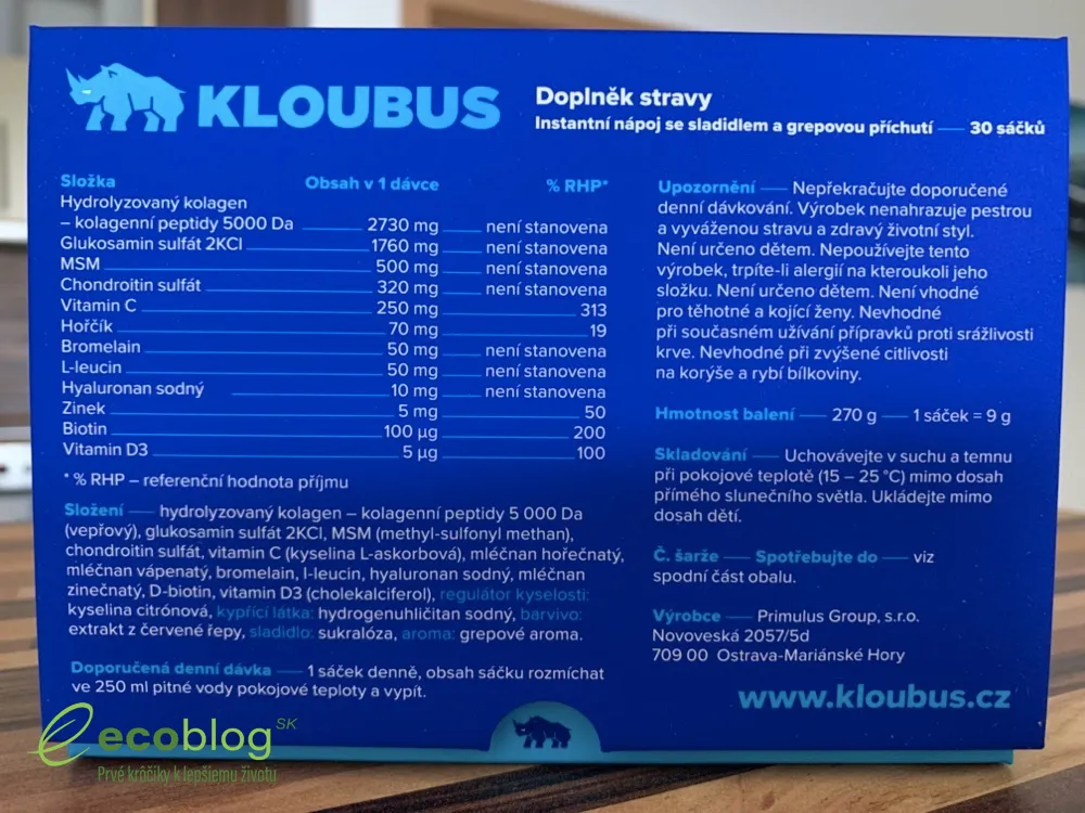 Otvorené vrecúško Kloubus pripravené na rozmiešanie vo vode