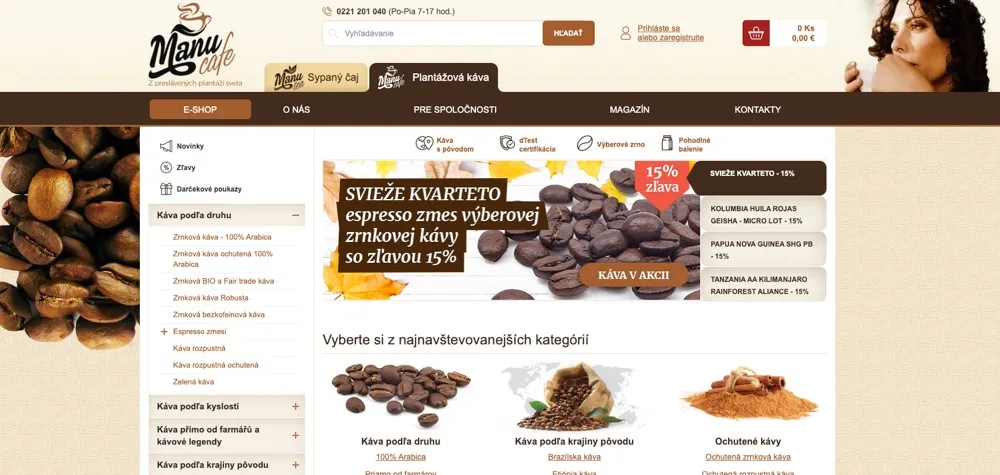 Úvodná stránka e-shopu ManuCafe s ponukou plantážnych káv