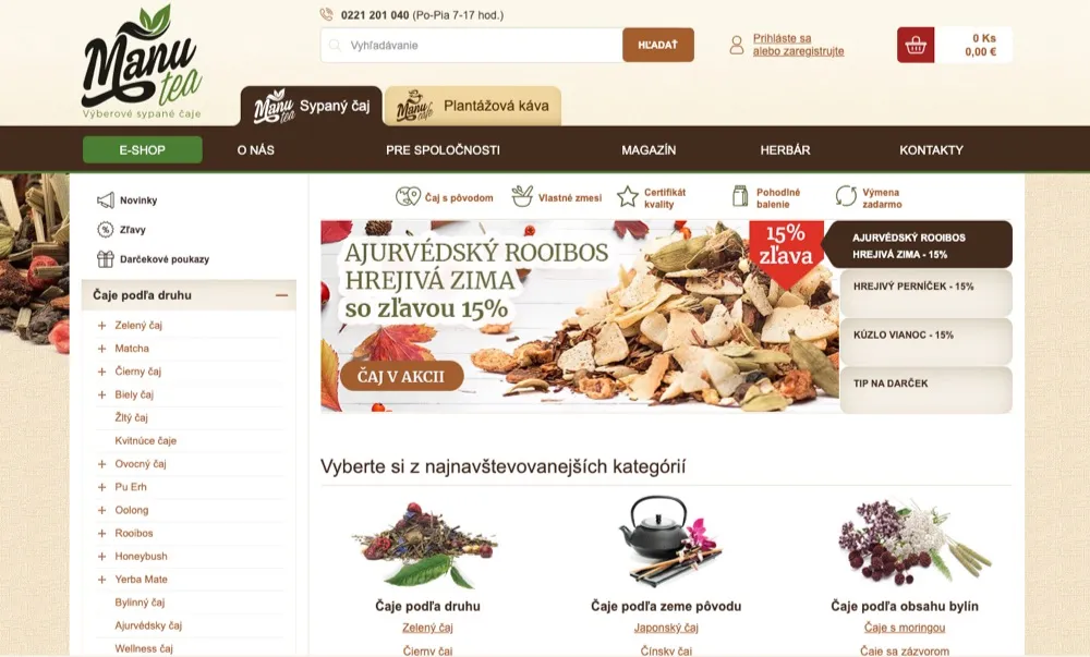 Úvodná stránka e-shopu ManuTea s ponukou sypaných čajov