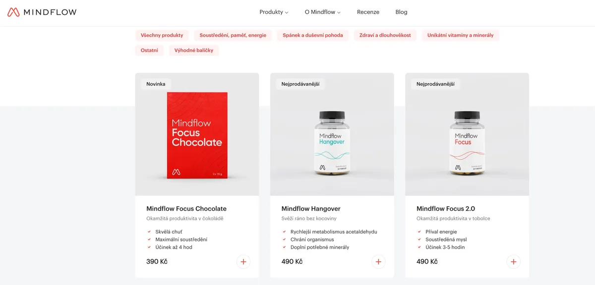 E-shop Flow Nutrition s prehľadnou ponukou doplnkov Mindflow