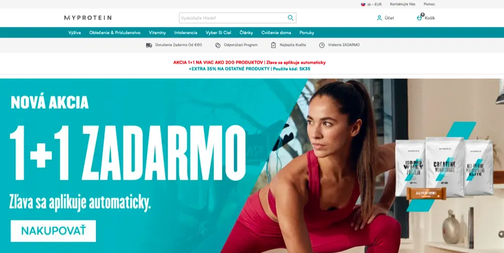 Hlavná stránka e-shopu Myprotein s ponukou športovej výživy