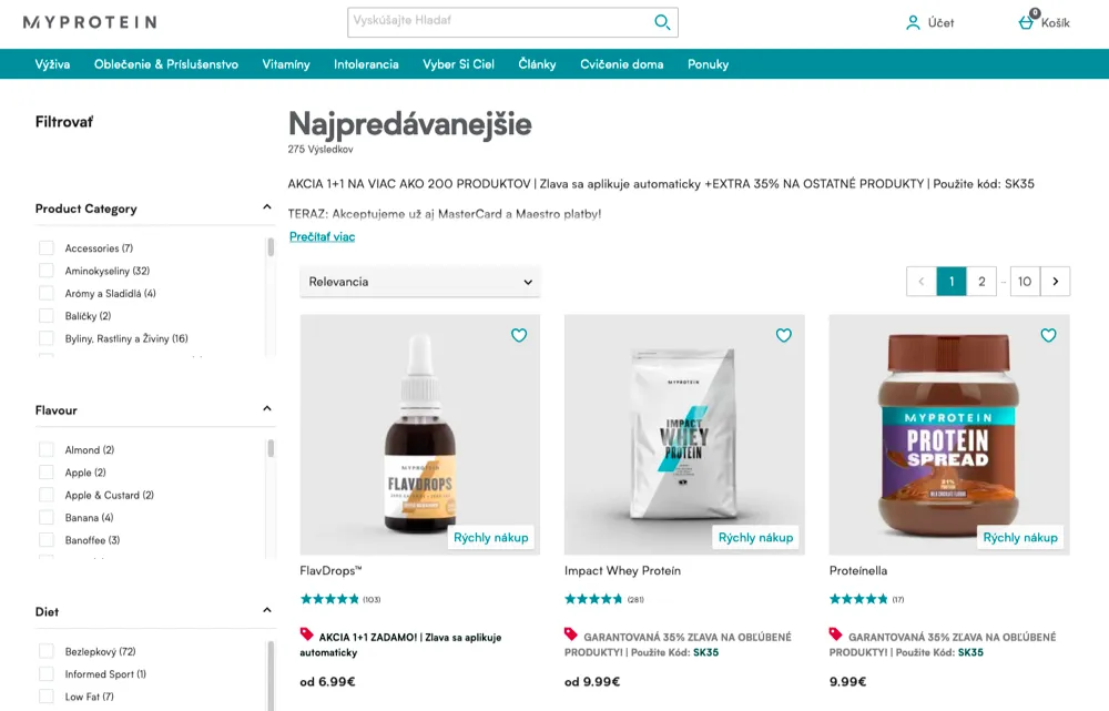 Sekcia bestsellerov na e-shope Myprotein