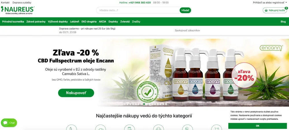 Hlavná stránka e-shopu Naureus s prírodnou kozmetikou a zdravou výživou