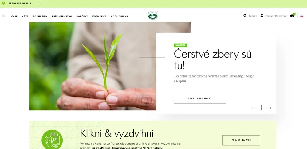 Domovská stránka e-shopu Oxalis s ponukou čajov a kávy