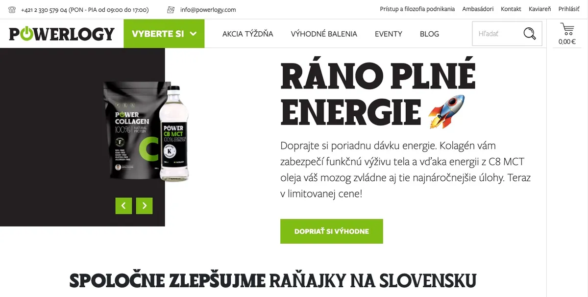 Úvodná stránka e-shopu Powerlogy s ponukou MCT oleja a BIO kávy