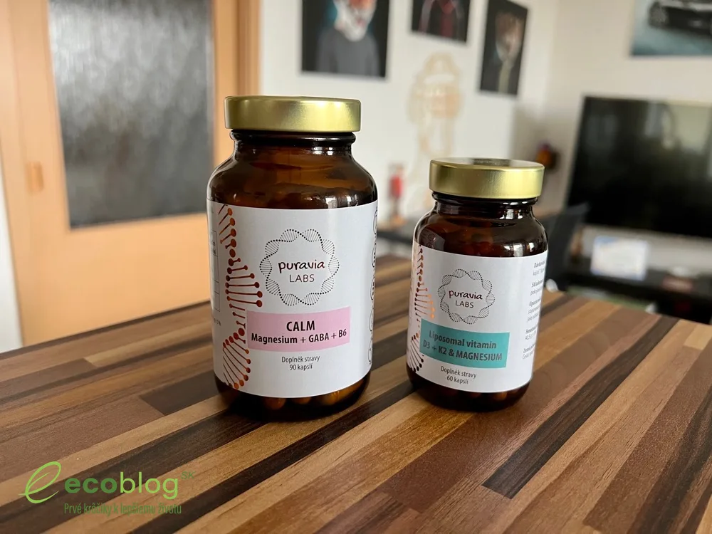 Doplnky stravy z e-shopu Puravia pripravené na test, Calm Magnesium a lipozomálny D3 + K2
