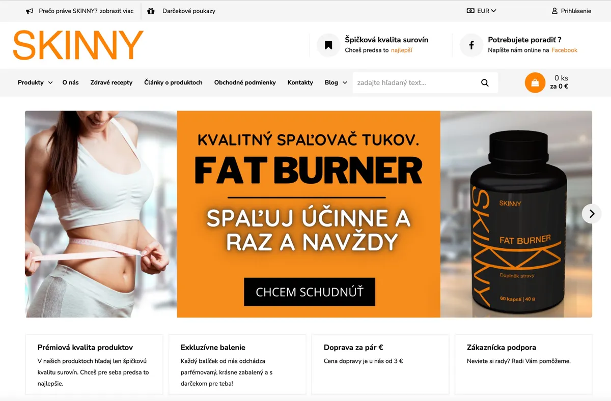 E-shop SKINNY s doplnkami na chudnutie a regeneráciu
