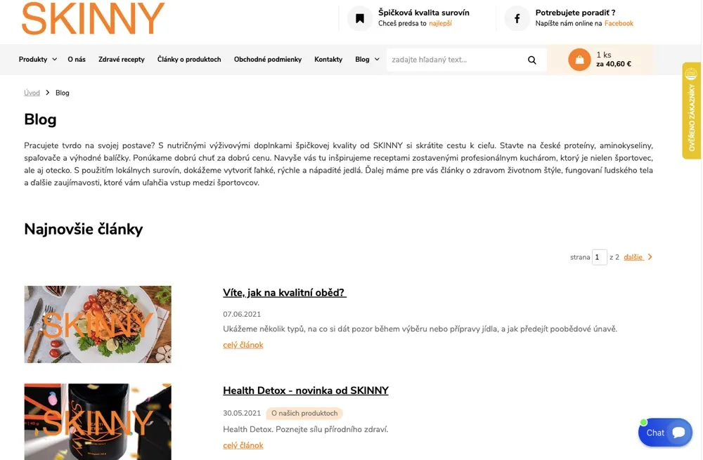 Blog SKINNY rozdelený na články o produktoch a recepty