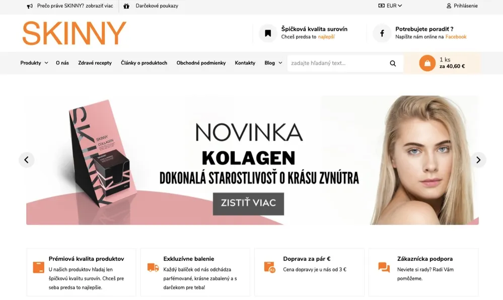 E-shop SKINNY s kolagénmi, proteínmi a doplnkami na regeneráciu
