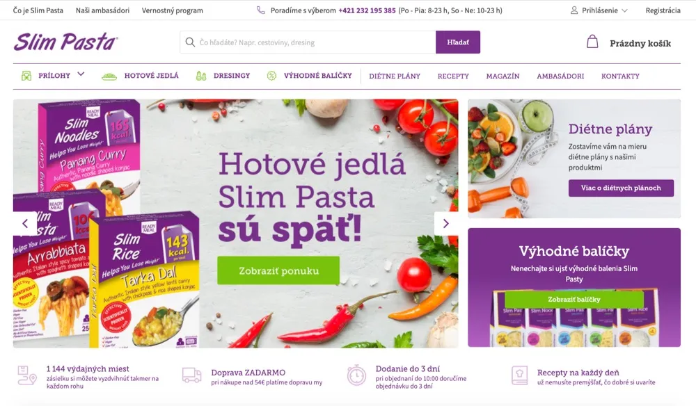 Úvodná stránka e-shopu Slim Pasta s konjakovými cestovinami
