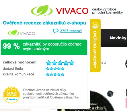 Hodnotenie e-shopu Vivaco podľa Heuréky s odporúčaním zákazníkov