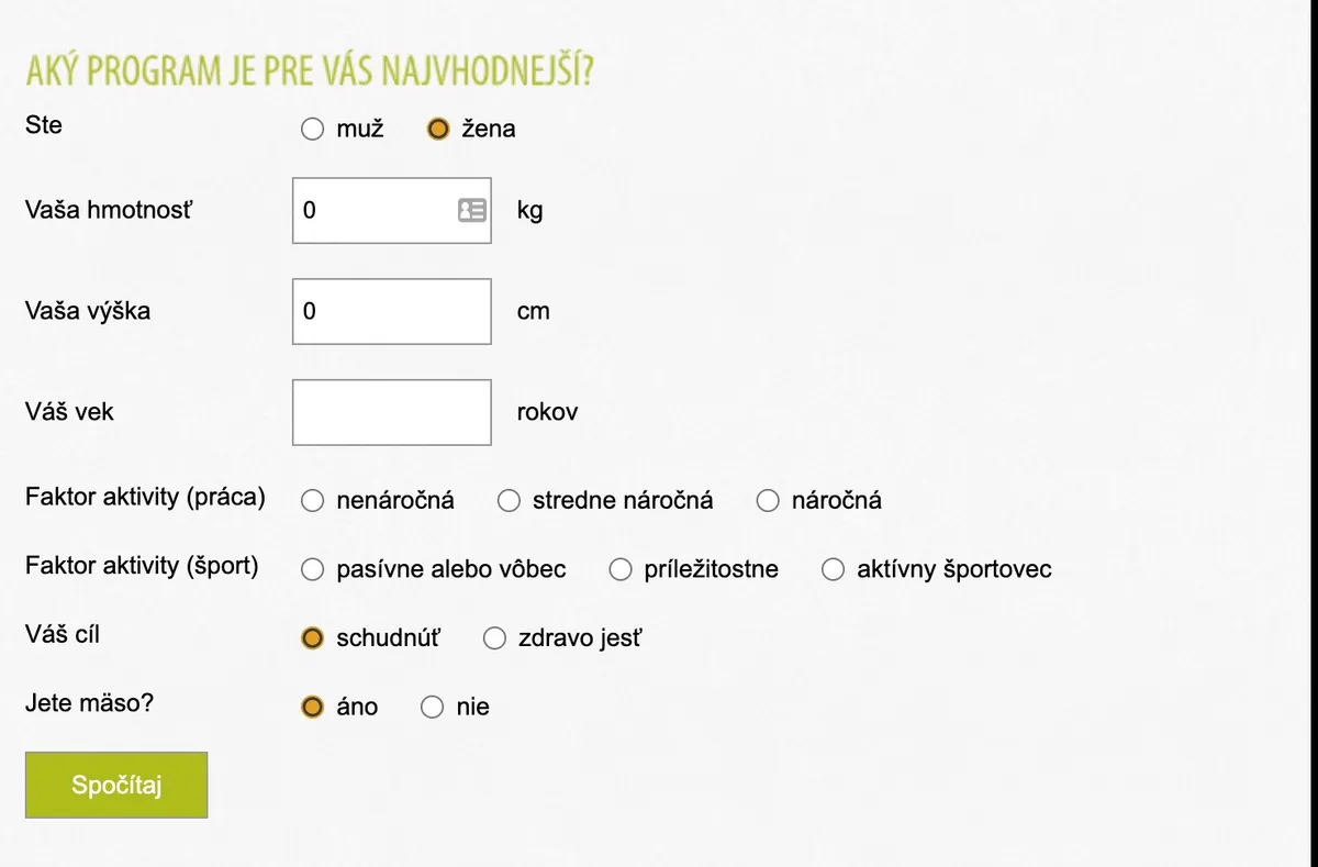 Konfigurátor jedálnička krabičkovej diéty Zdravé stravovanie