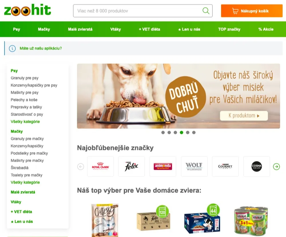 Hlavná stránka e-shopu Zoohit s ponukou pre psy, mačky a ďalšie zvieratá