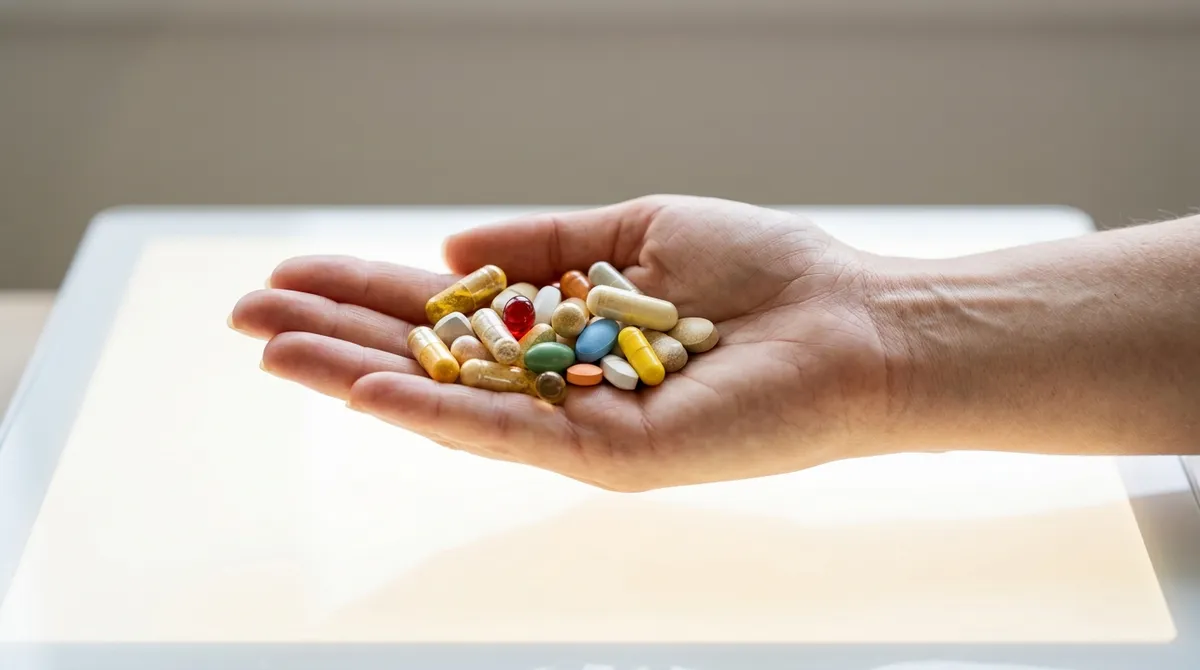 Kapsuly a tablety vitamínov v otvorenej dlani nad svetlým stolom